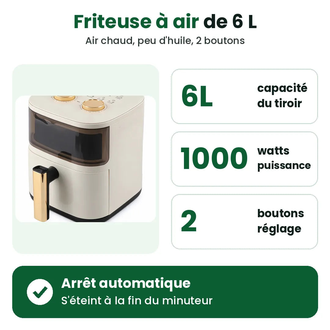Friteuse à air blanche de 6 L, 1000 W, deux boutons et arrêt automatique