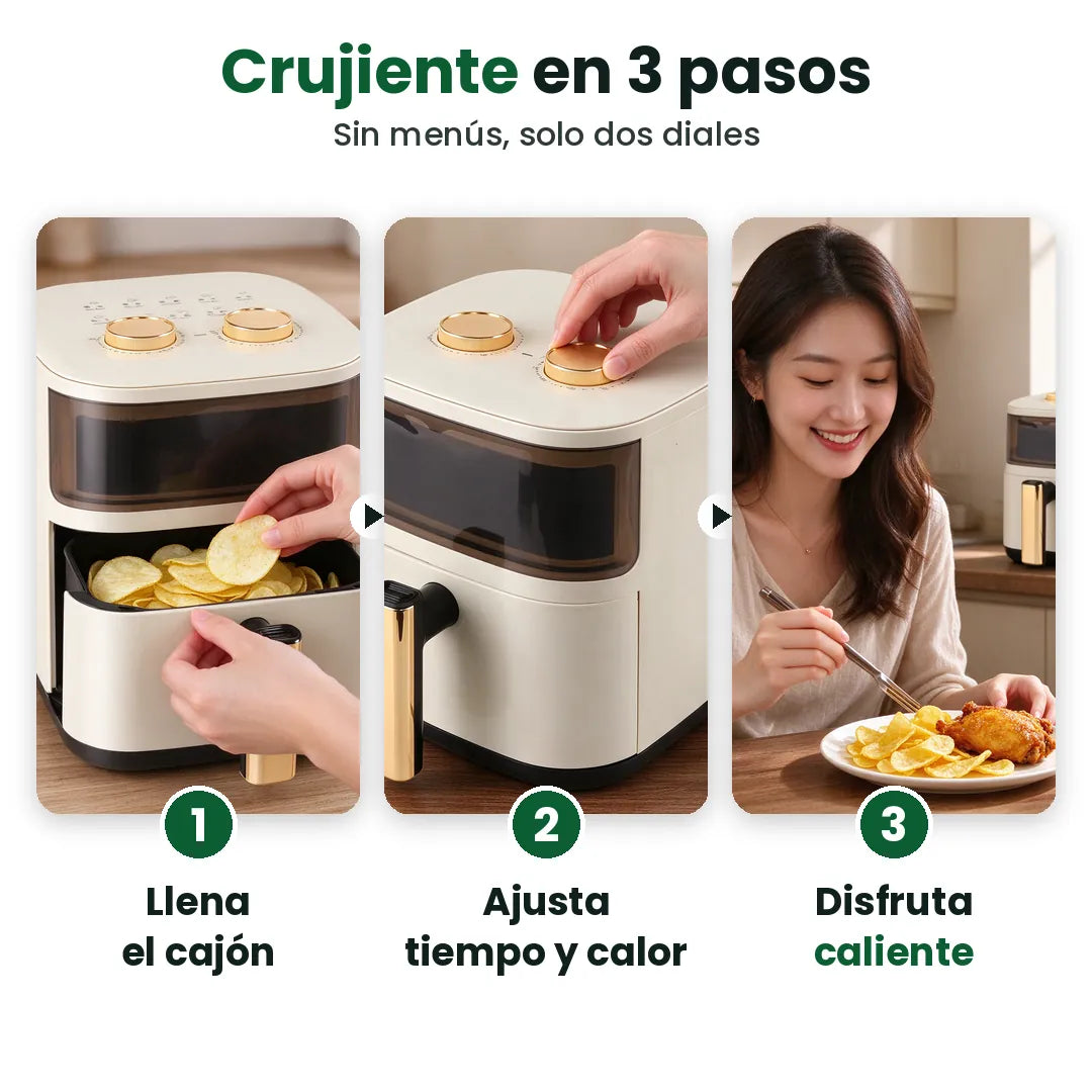 Tres pasos para cocinar papas crujientes en una freidora de aire grande: llenar, ajustar, disfrutar
