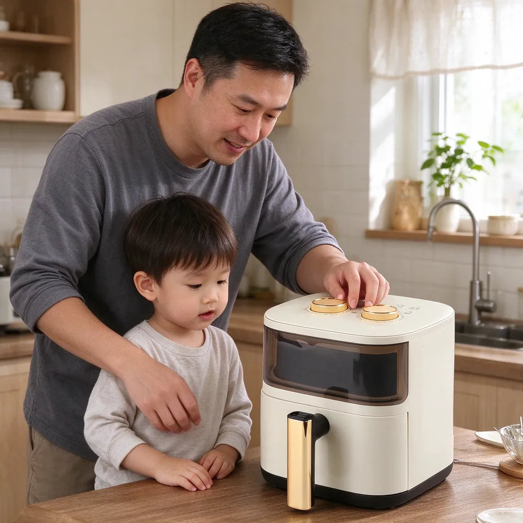 Dad and child in a family kitchen setting the dial on a large cream air fryer