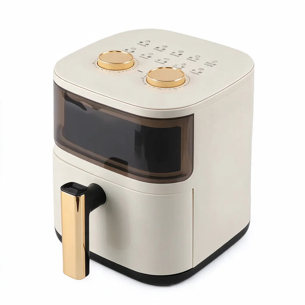 Cream white 6L air fryer with viewing window and two gold dials on a white background