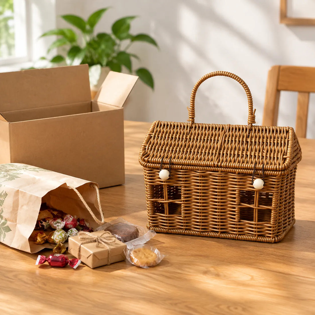 Woven house-shaped basket next to a paper bag and cardboard box holding loose treats