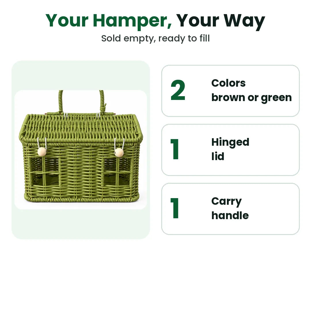 Christmas hamper basket features: two colors, hinged lid, carry handle