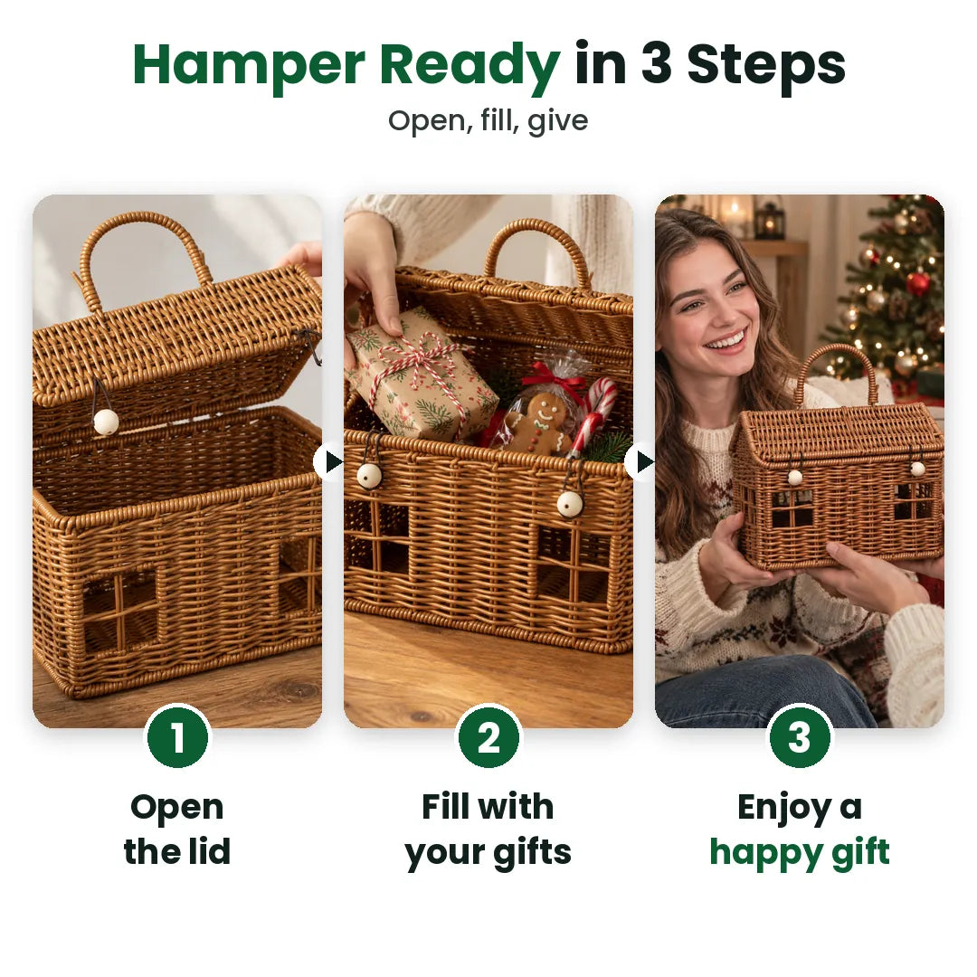 Three steps: open the lid, fill with gifts, give the hamper basket