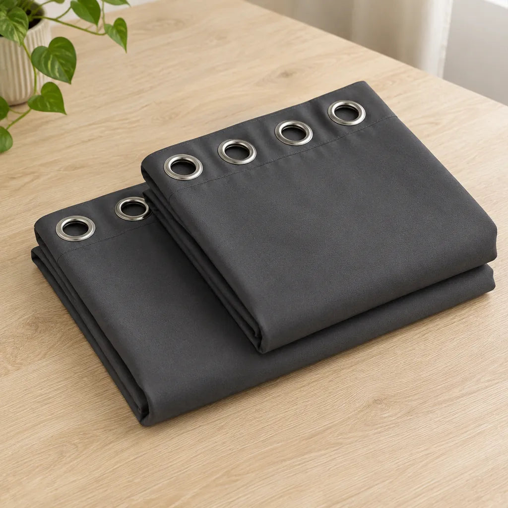 Two folded grey eyelet curtain panels on a wooden table