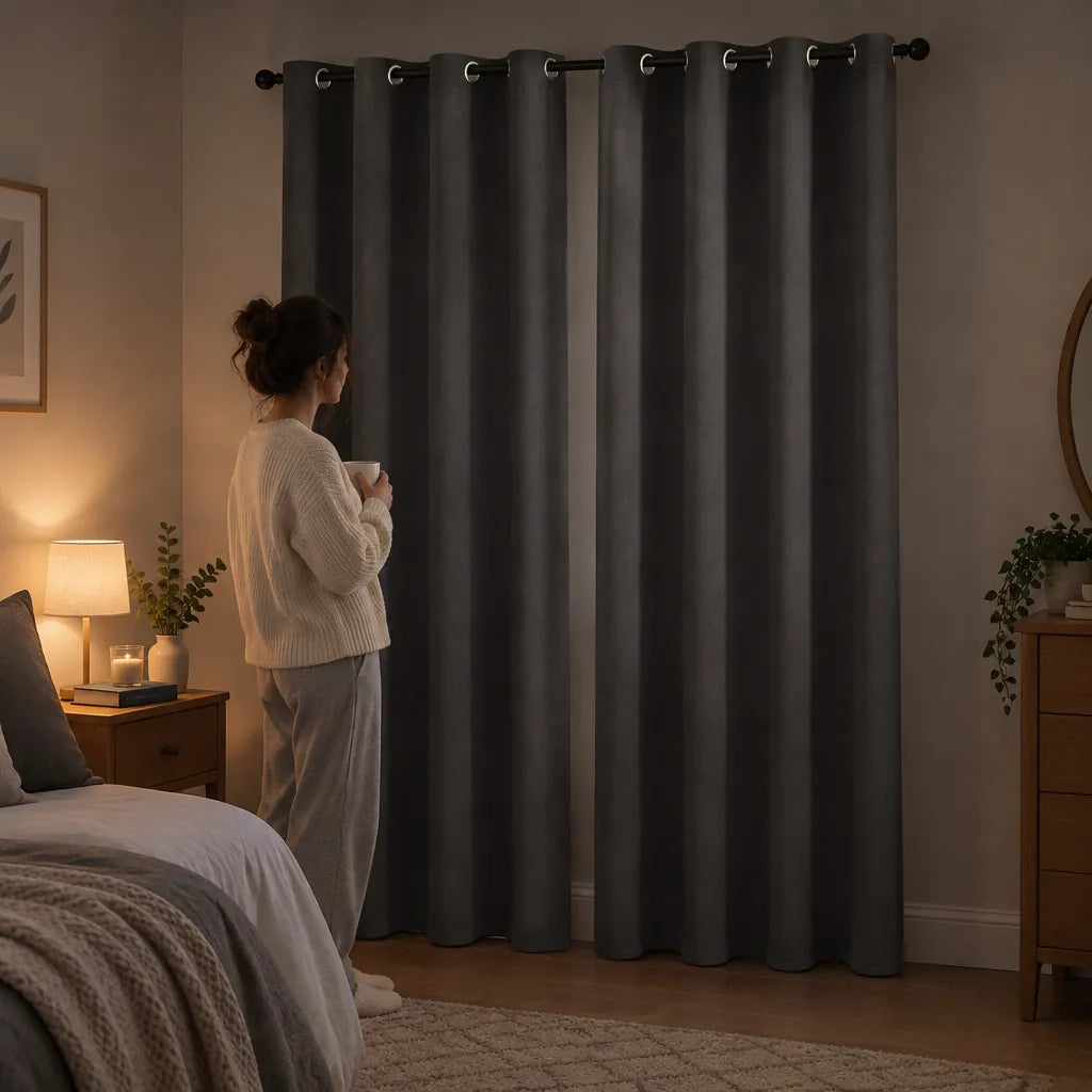 Woman beside grey blackout curtains in a cosy bedroom for bedroom curtains
