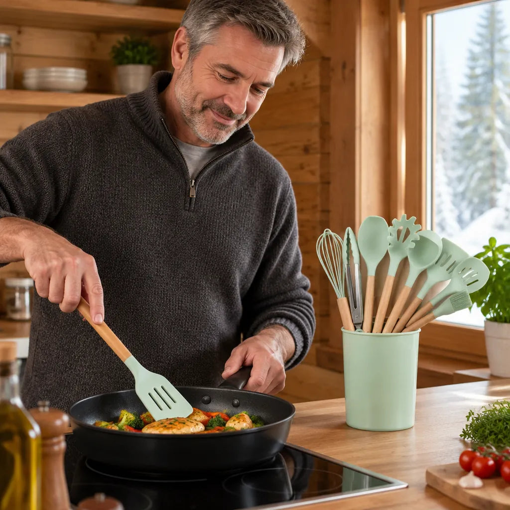 Man turning food in a pan in a cosy cabin kitchen with a silicone slotted turner and wooden handle