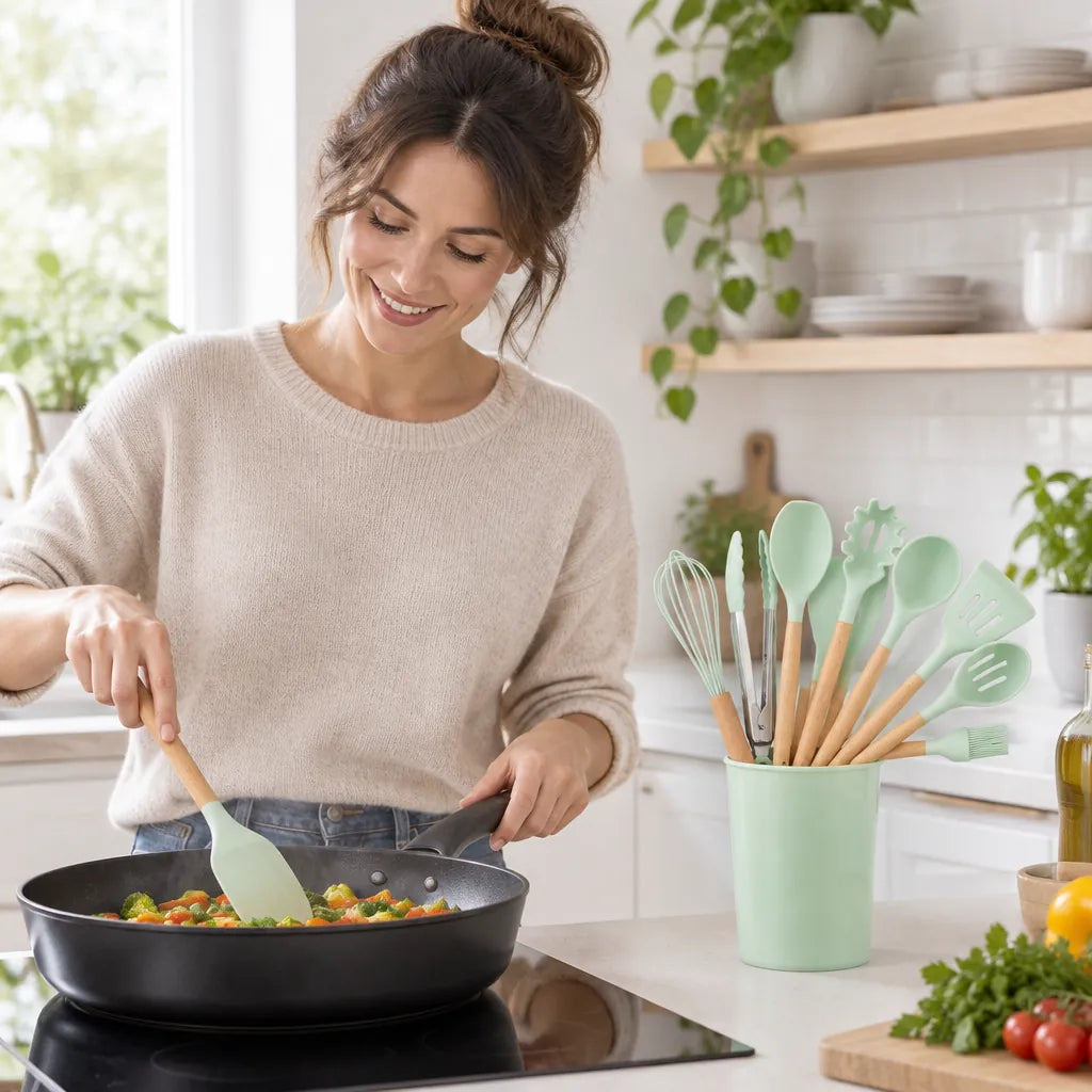 Woman stirring a pan in a bright home kitchen with a silicone spatula from a wooden handle utensil set
