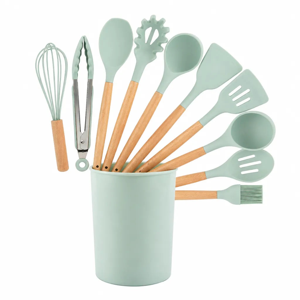 12-piece silicone kitchen utensil set with wooden handles and matching holder on a white background