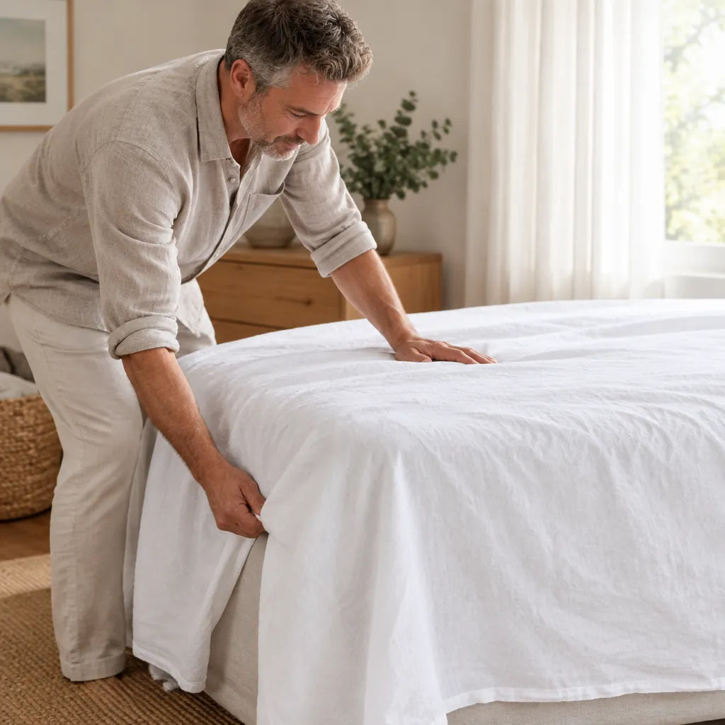 Man making up a guest bed with a white linen bed sheet