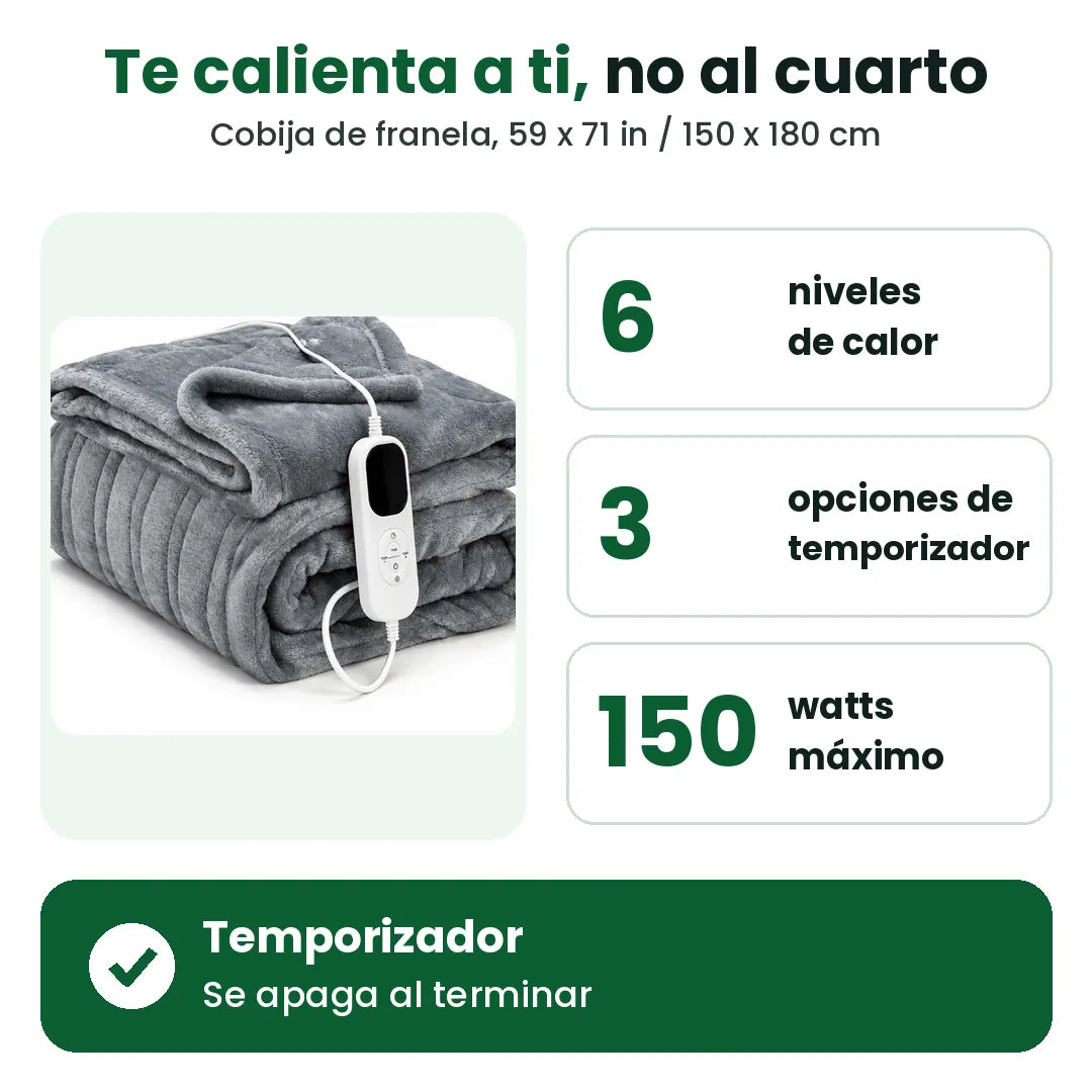 Cobija eléctrica con 6 niveles de calor, 3 temporizadores y 150 W máximo