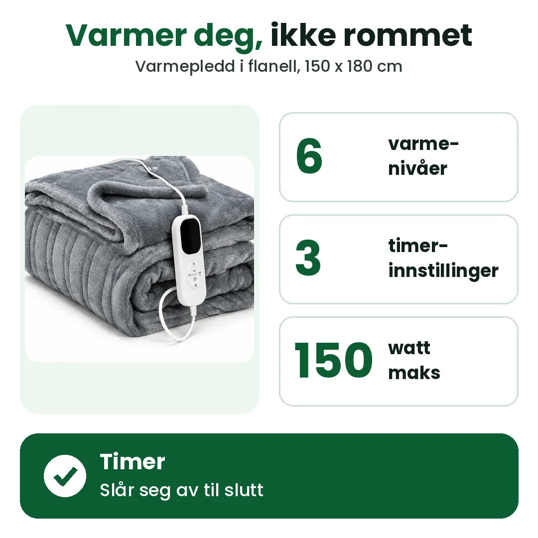 Varmeteppe med 6 varmenivåer, 3 timerinnstillinger og maks 150 W