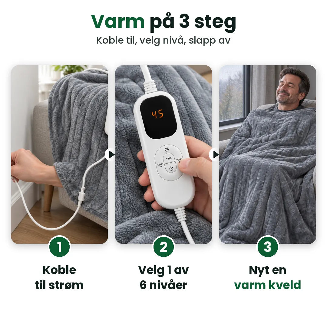 Slik bruker du varmeteppet: koble til, velg varmenivå og slapp av