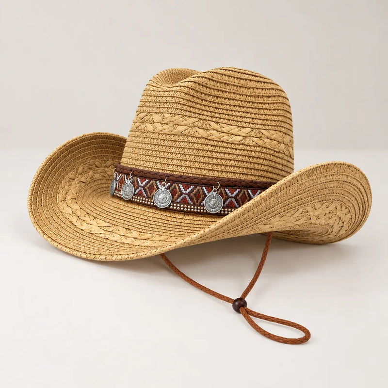 One khaki western straw hat with coin charm band and chin cord