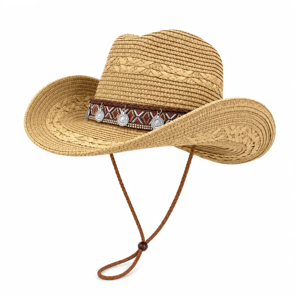 Khaki western straw hat with coin charm band and chin cord on white