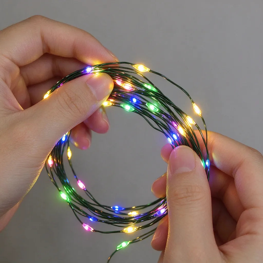 Hands holding multicolor LED Christmas string lights on thin dark green wire