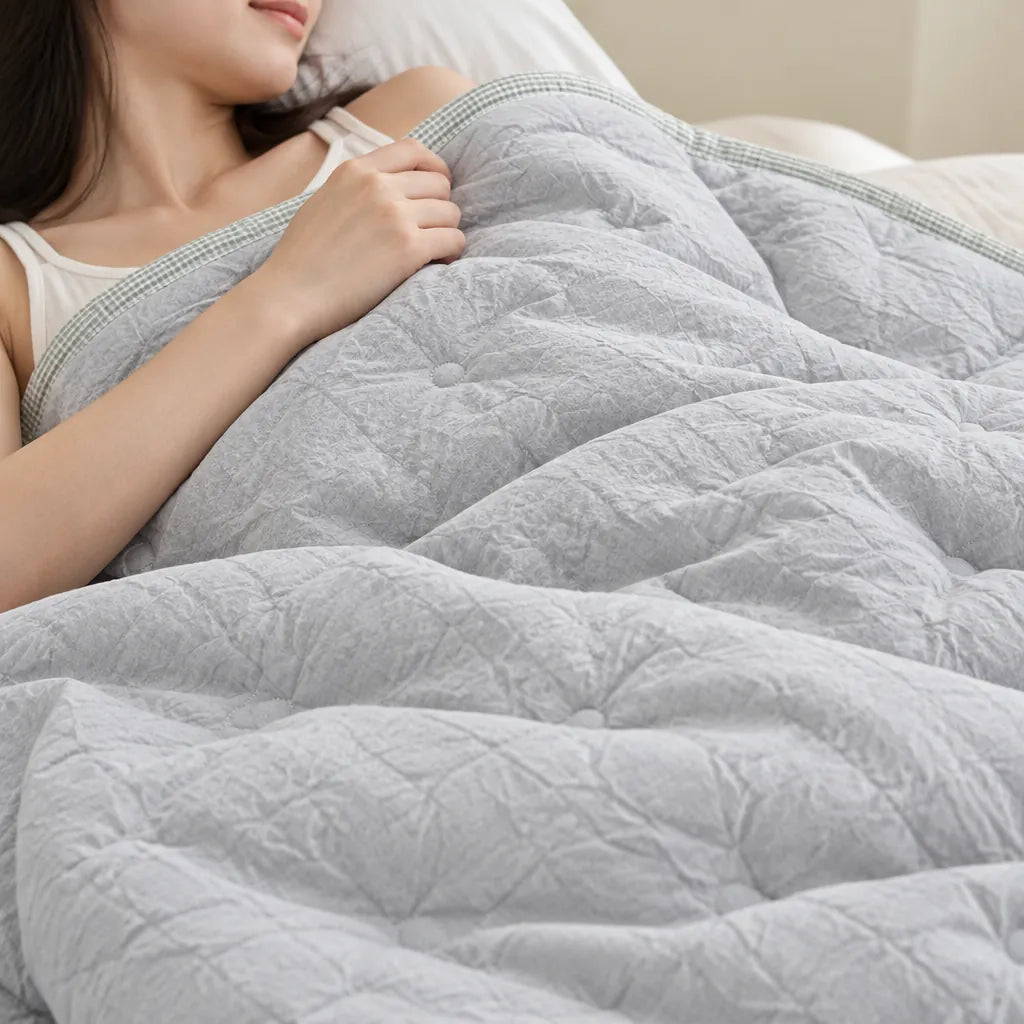 Woman pulling a light grey lightweight summer duvet over her in bed, no cover needed