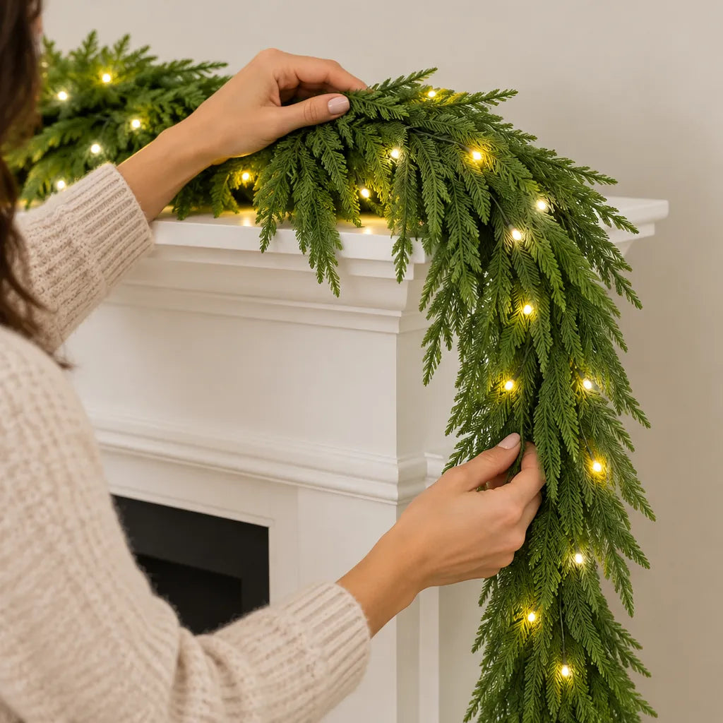 Woman draping a lit Christmas garland along a white fireplace mantel