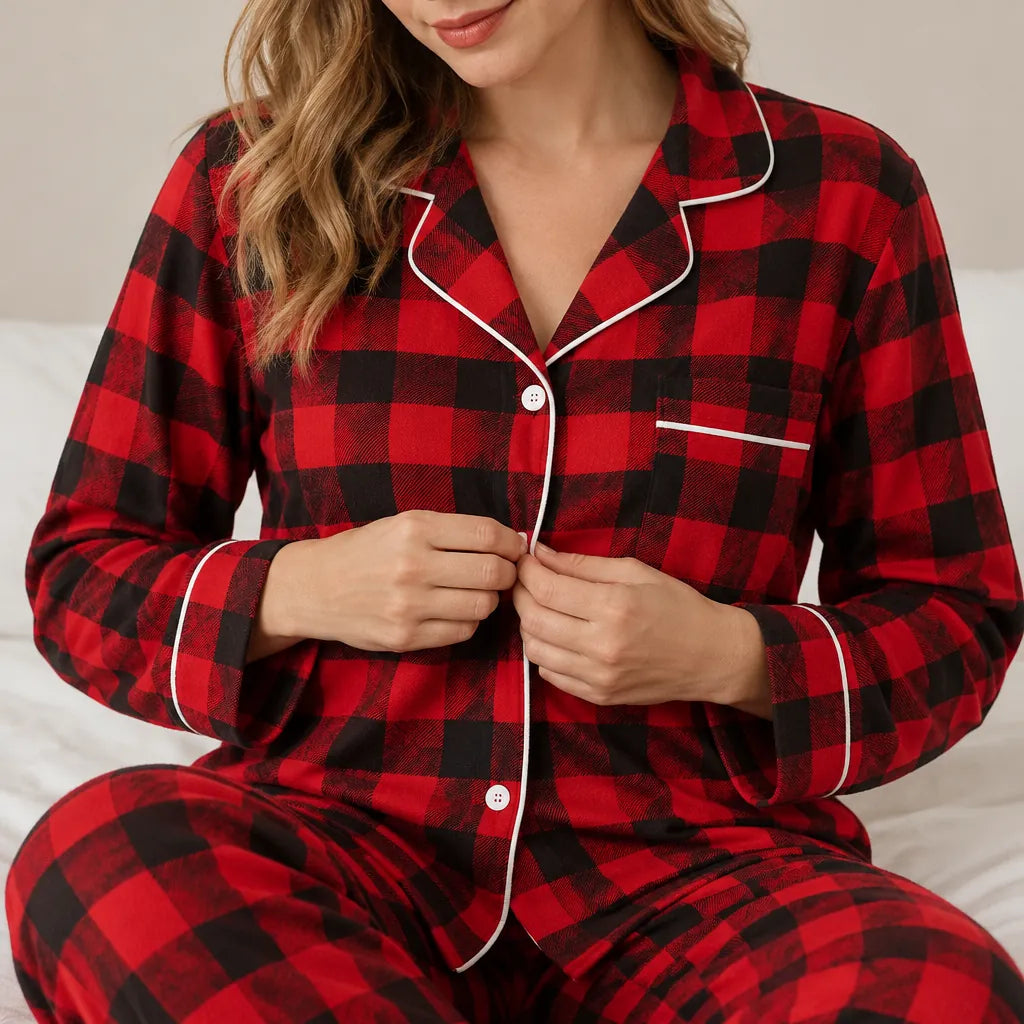 Woman buttoning a red and black buffalo plaid matching family Christmas pajama top