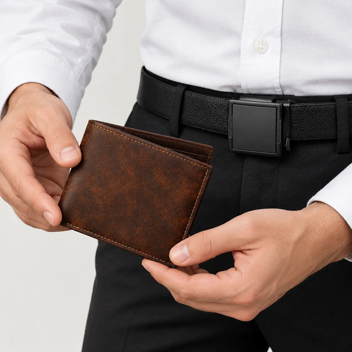 Man holding a dark brown bifold wallet, with a black ratchet belt at his waist, a gift for dad