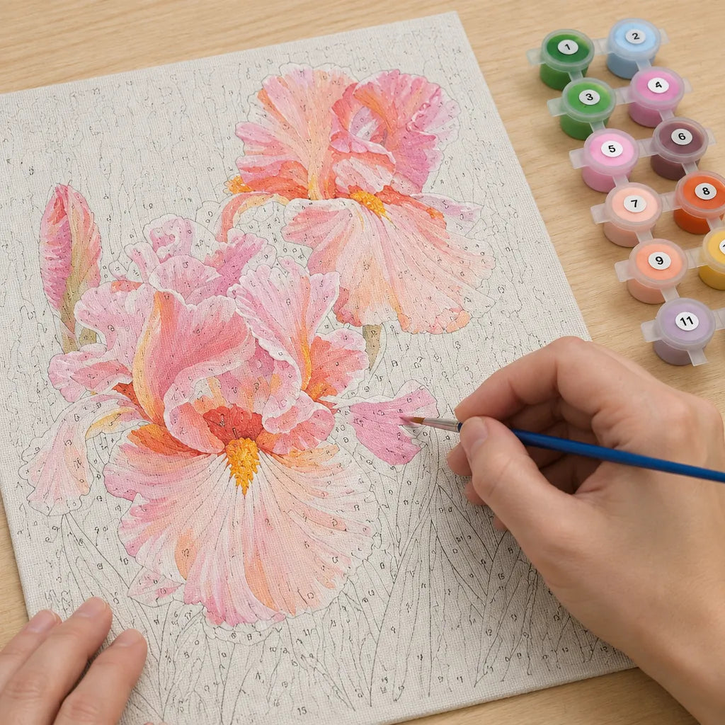 Hands painting a numbered iris canvas from a paint by numbers kit for adults, with numbered paint pots