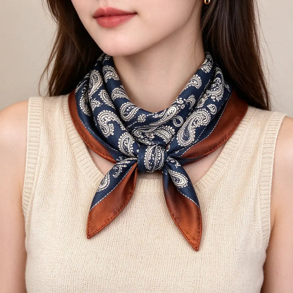 Woman wearing a navy paisley scarf with a rust border knotted at the neck over a beige knit top