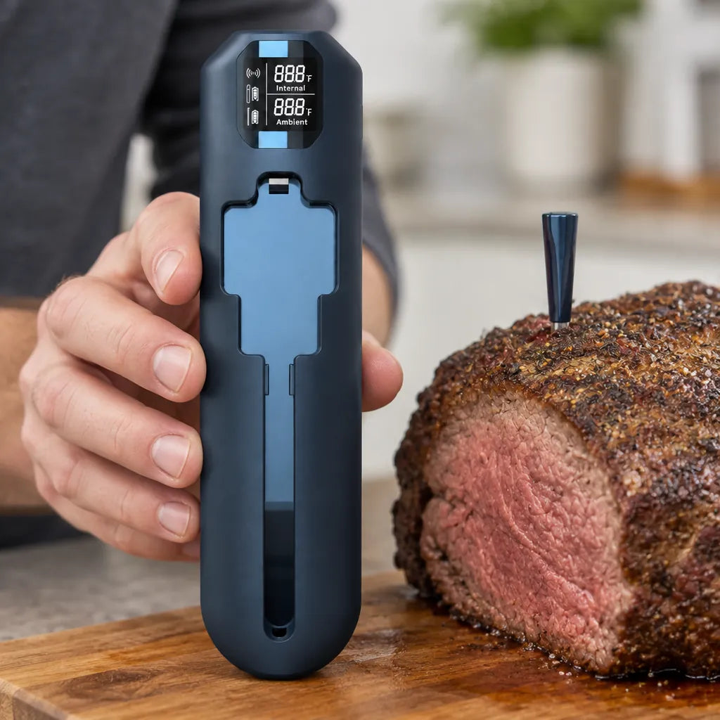 Hand holding a wireless meat thermometer booster next to a roast beef with the probe inside