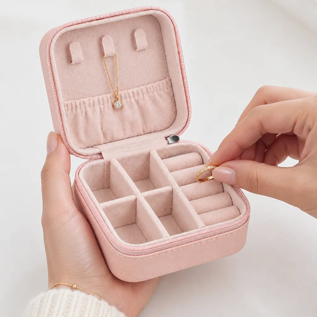 Hands putting a ring into a pink travel jewelry case with a necklace hanging inside the lid