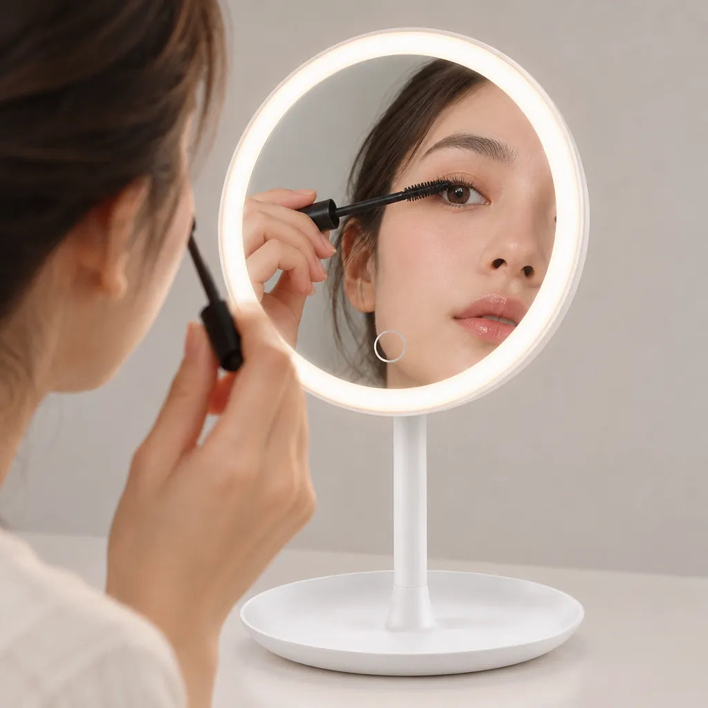Woman applying mascara in a white round LED makeup mirror with lights