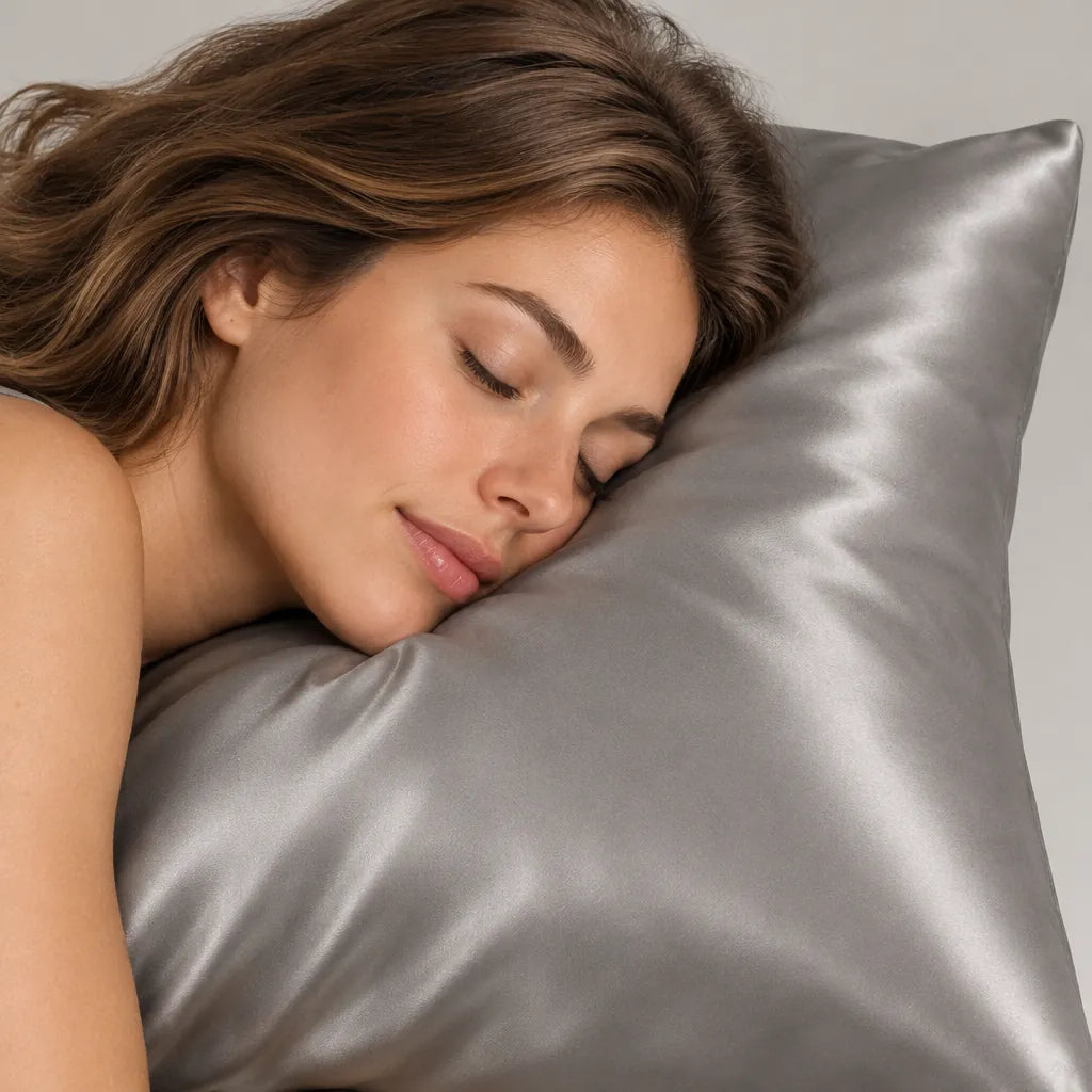 Woman resting her cheek on a grey silky satin pillowcase