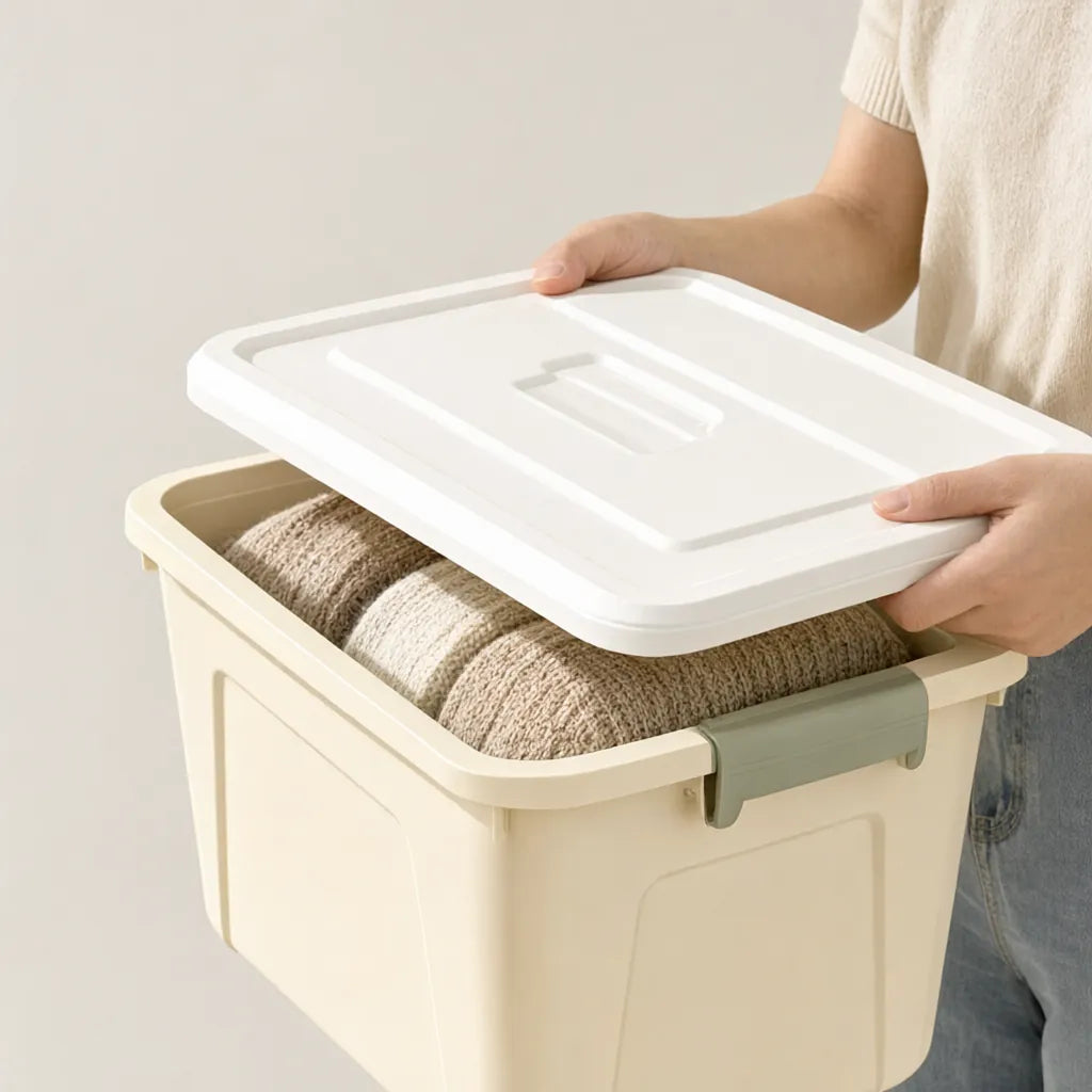 Woman lifting the white lid of a cream stackable storage box with lid filled with folded sweaters