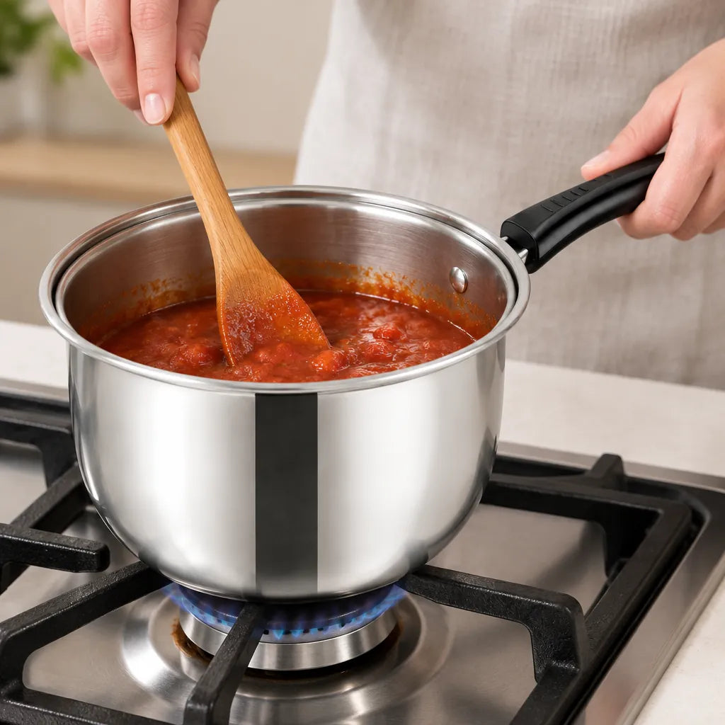 Hands stirring tomato sauce in a stainless steel saucepan on a gas stove
