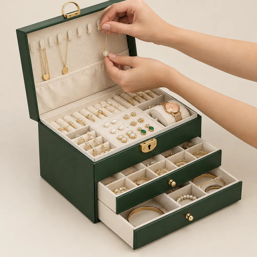 Woman hanging a gold necklace inside a green three-layer jewellery box for women with drawers