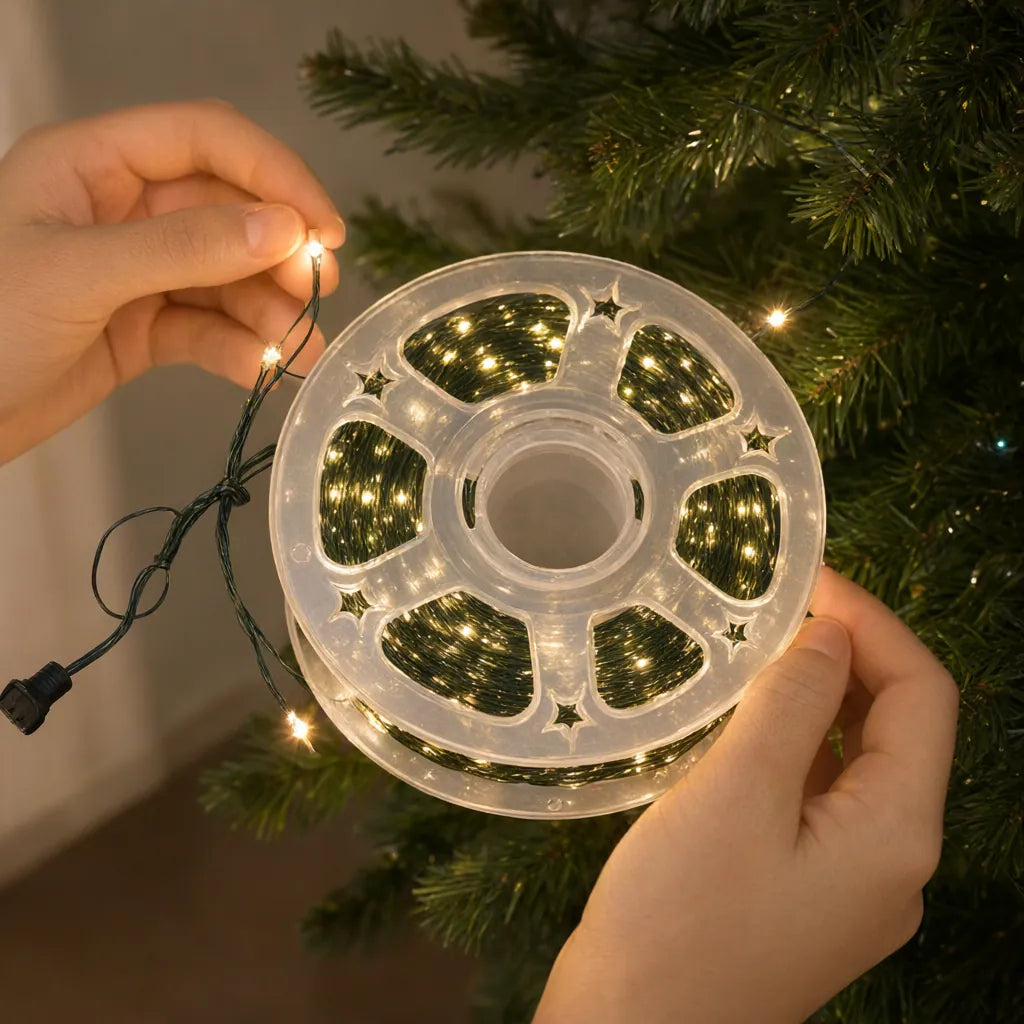 Hands wrapping warm white LED Christmas tree string lights with thin green wire around a tree branch