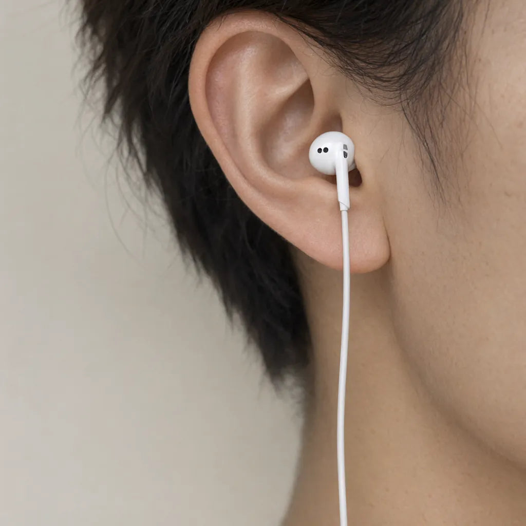 Close-up of a white wired earbud in a person's ear, a simple pair of wired earbuds with mic