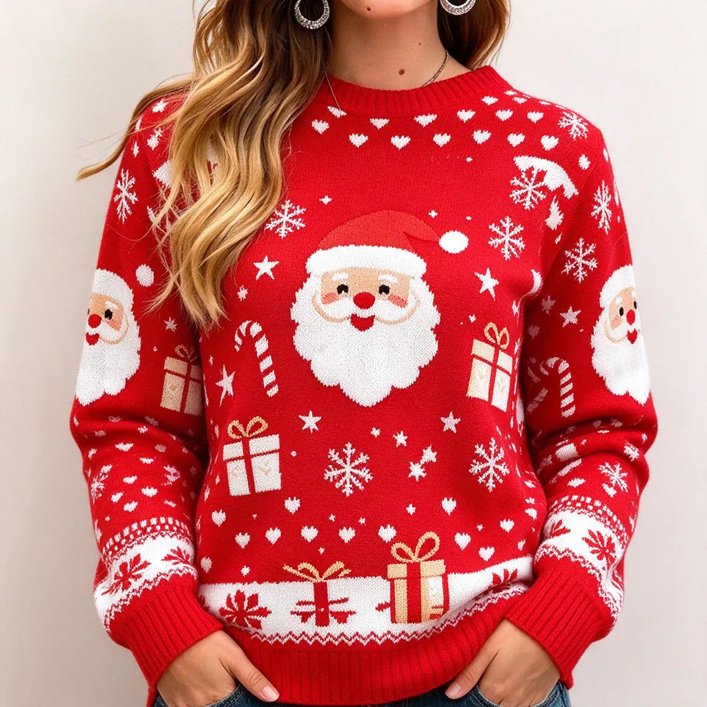 Woman wearing a red Santa knitted Christmas jumper, red christmas jumper