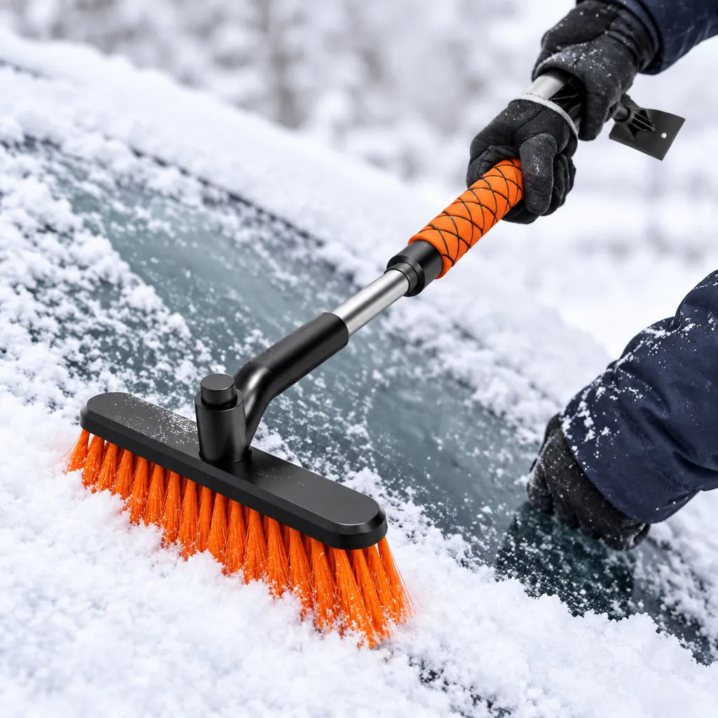 Gloved hand sweeping snow off a car windshield with a telescoping car snow brush