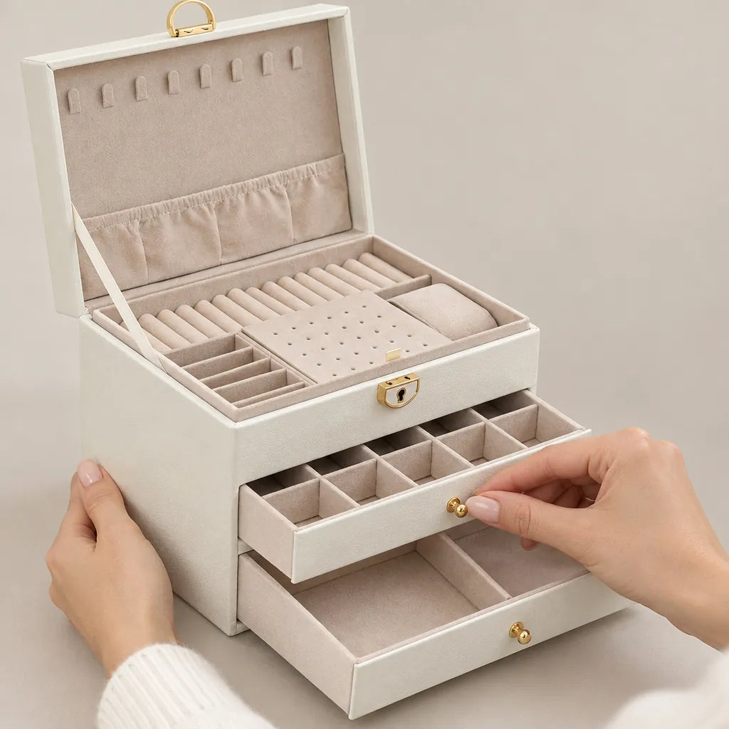 Hands pulling out the drawer of a cream-white 3-tier jewelry box for women