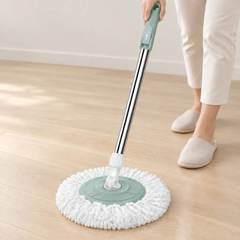 Hands mopping a hardwood floor with a green 360° spin mop on a telescopic pole