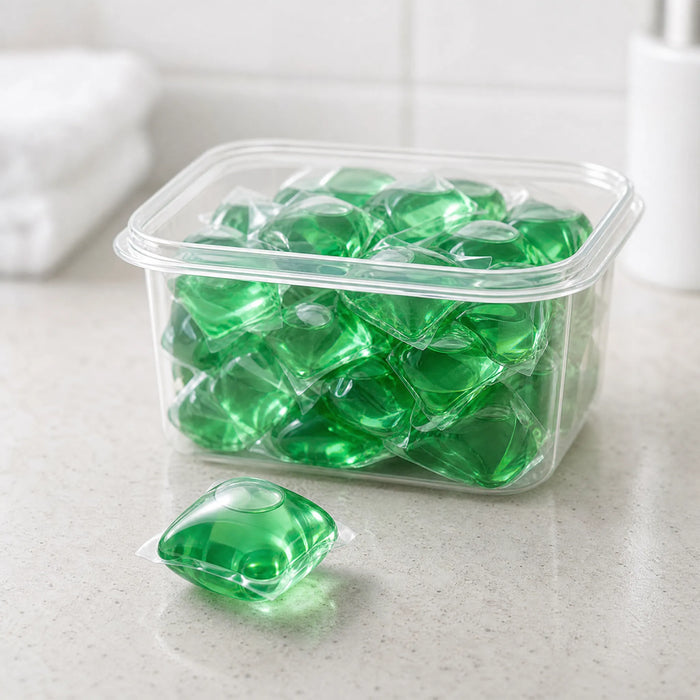Green drain pod in front of a clear tub of pods