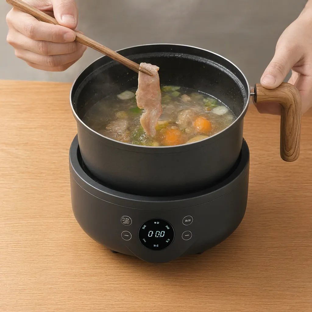 Hands lifting a slice of meat with chopsticks from an electric fondue chinoise hot pot