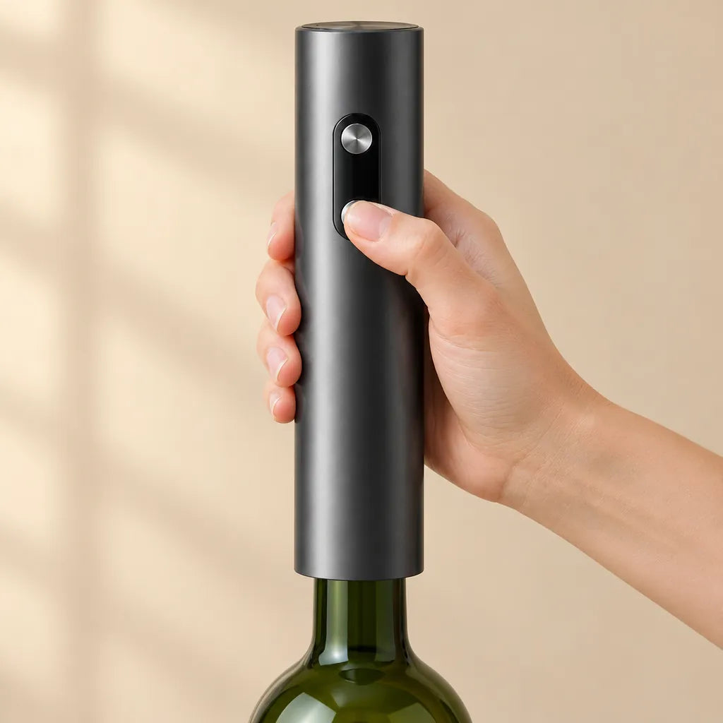 Hand pressing the button of an electric wine opener on a green wine bottle