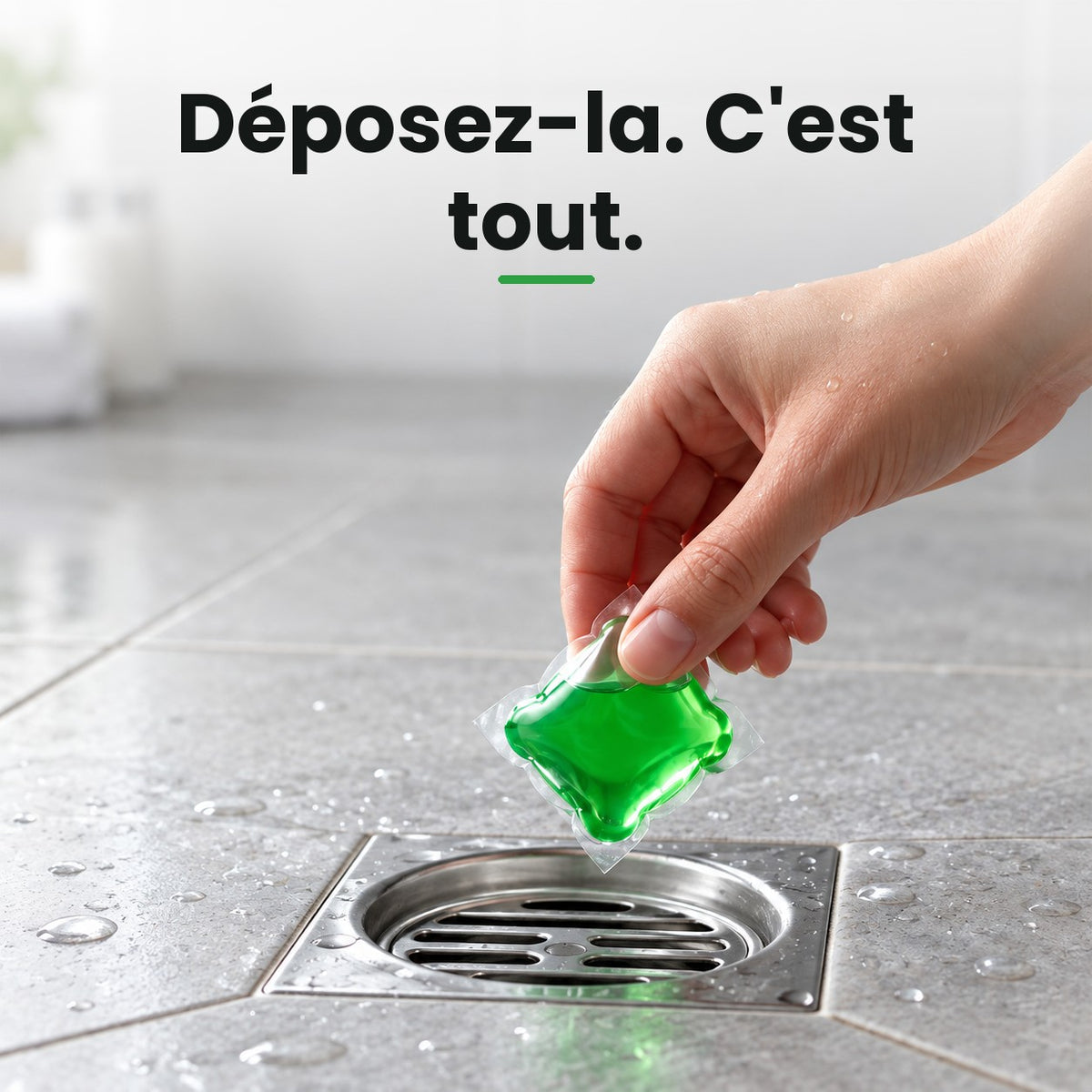 Hand dropping a drain pod into a floor drain (FR)
