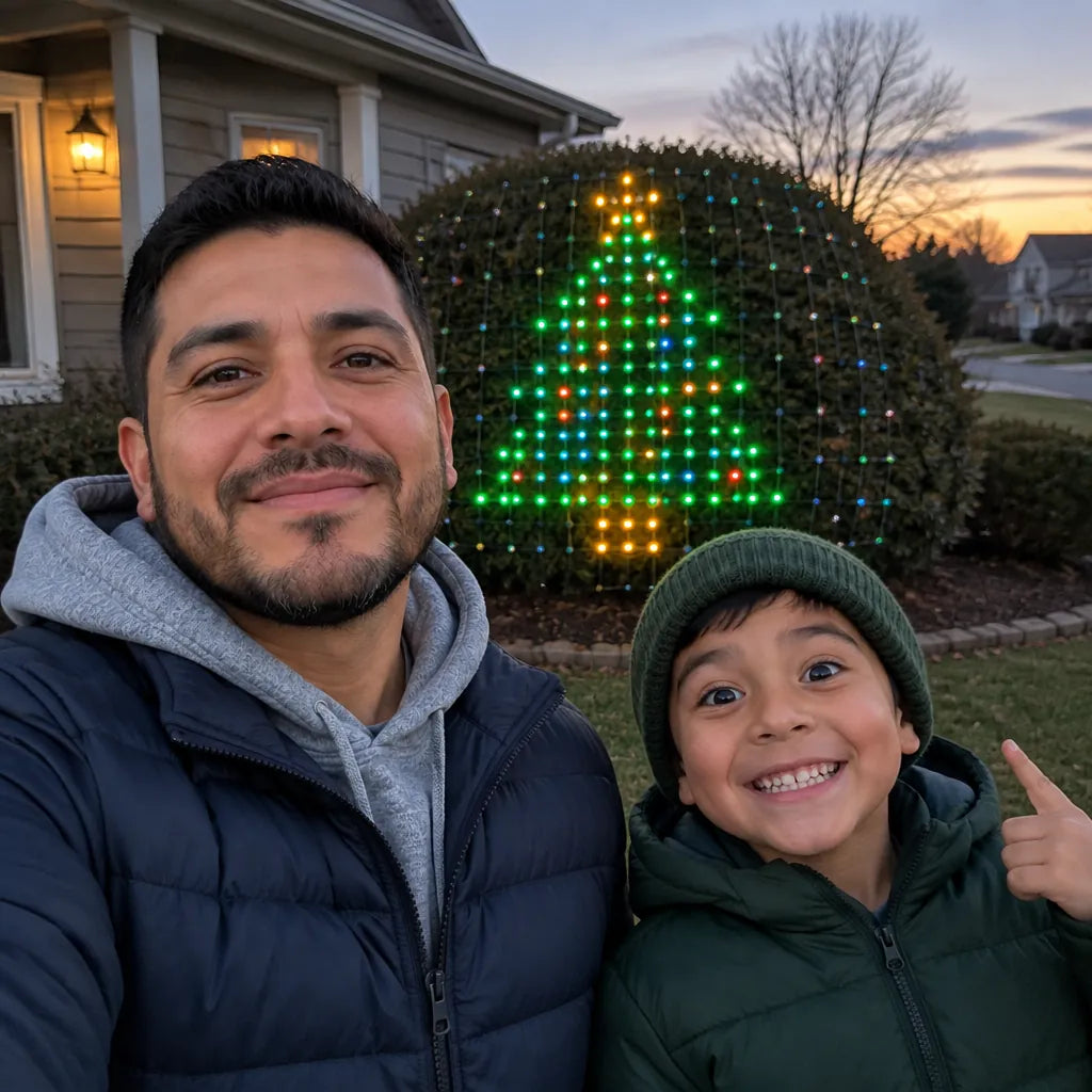 Dad and son with the LED net light on a front bush showing a Christmas tree