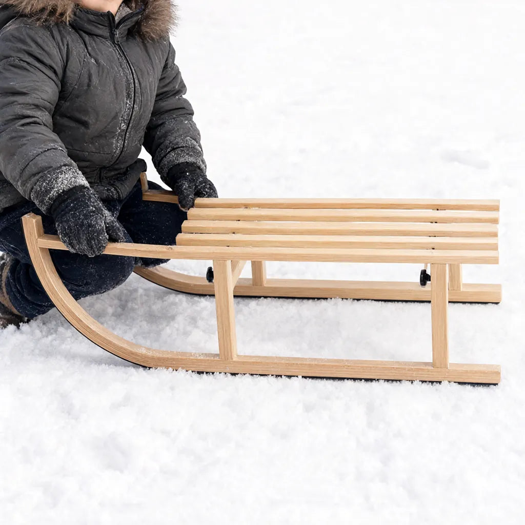 Child in a winter jacket sitting on a foldable wooden sled on packed snow