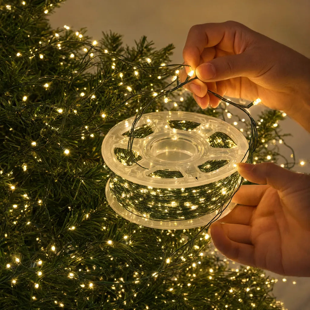 Hands wrapping warm white LED Christmas tree lights around a green tree branch