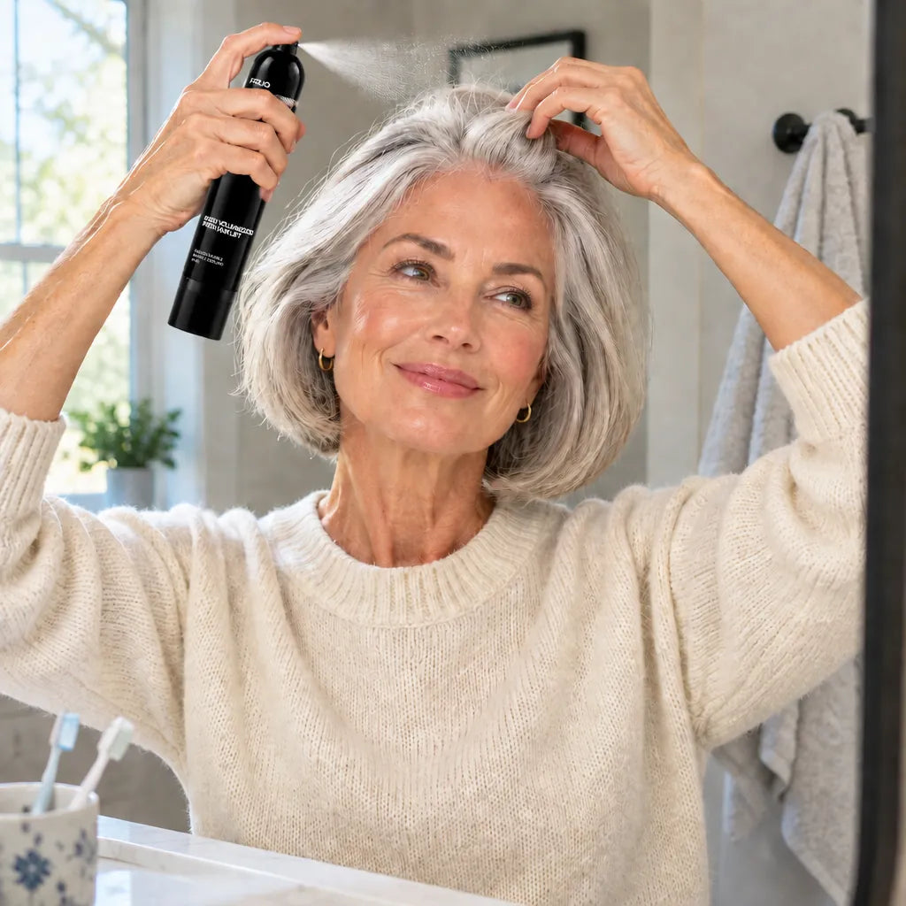 Mujer aplicando Spray Voluminizador Insta Hair Lift en el baño