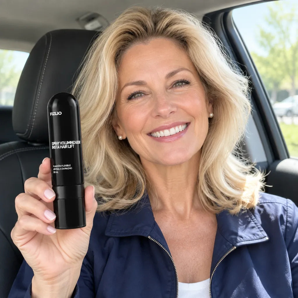 Mujer mostrando el Spray Voluminizador Insta Hair Lift en su auto