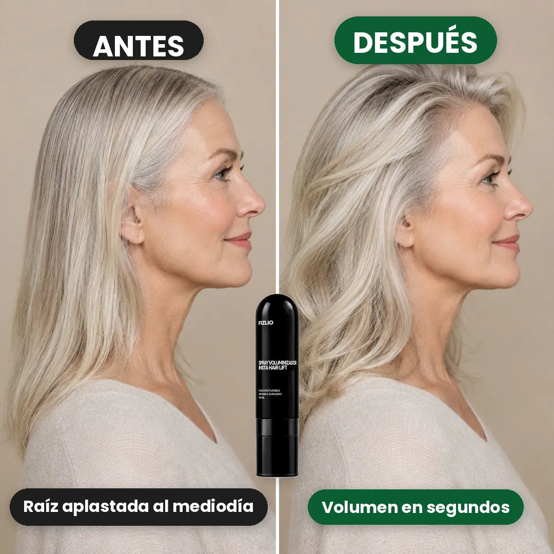 Antes y después con el Spray Voluminizador Insta Hair Lift de Fizlio