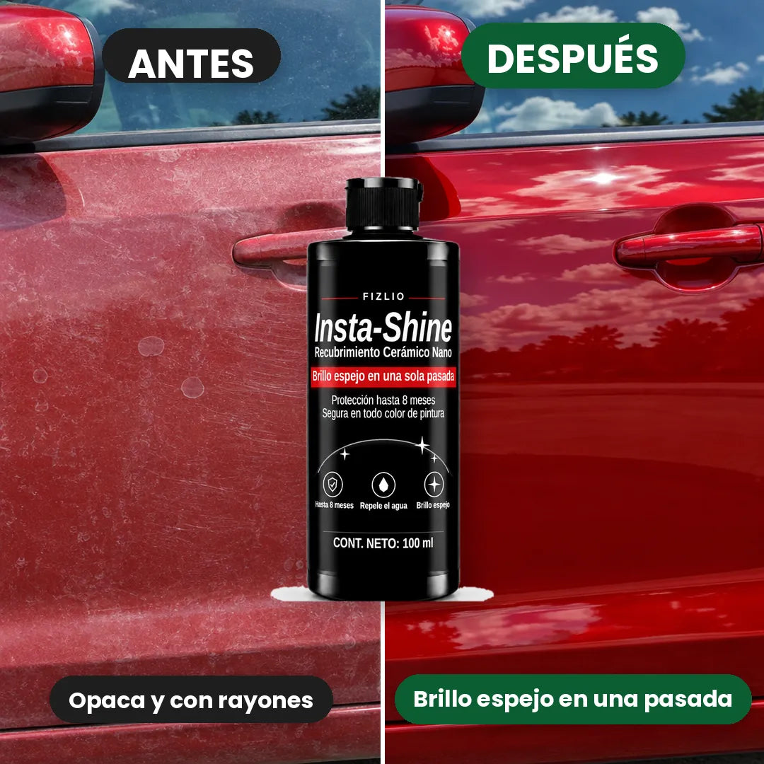 Insta-Shine: antes, pintura roja opaca y con rayones; después, brillo espejo en una pasada