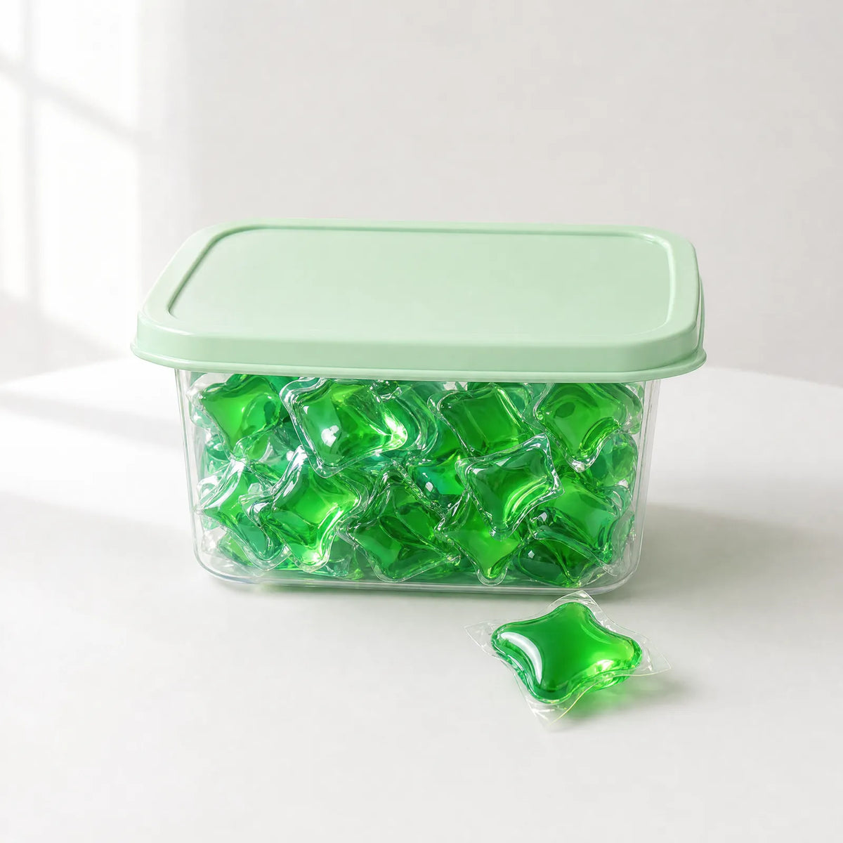 Tub of 30 green drain pods with a mint lid
